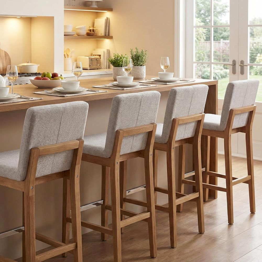 Home Bar Stools - Set of 4 Light Grey Upholstered