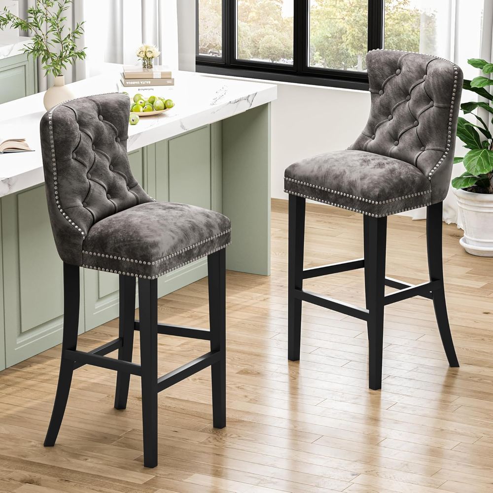 Set of 2 Light Grey Velvet Bar - Home Bar Stools 评论和价格