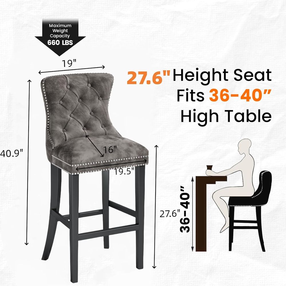 Set of 2 Light Grey Velvet Bar - Home Bar Stools 评论和价格