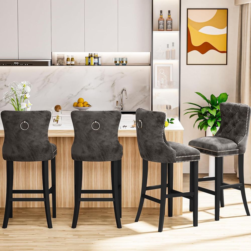 Set of 2 Light Grey Velvet Bar - Home Bar Stools 评论和价格