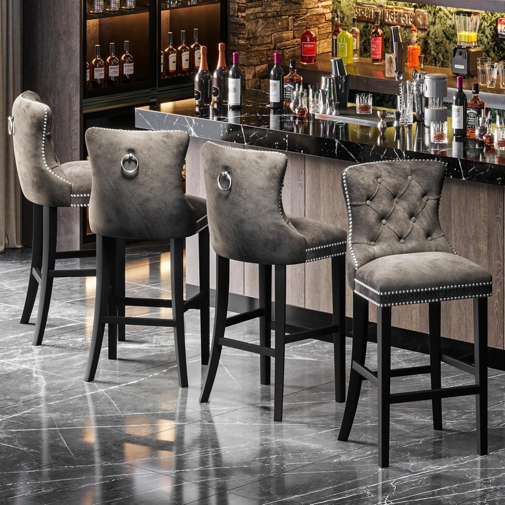 Set of 2 Light Grey Velvet Bar - Home Bar Stools 评论和价格